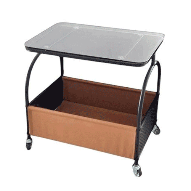 طاولة جانبية معدنية بعجلات وسطح زجاجي و رف Side table on wheels