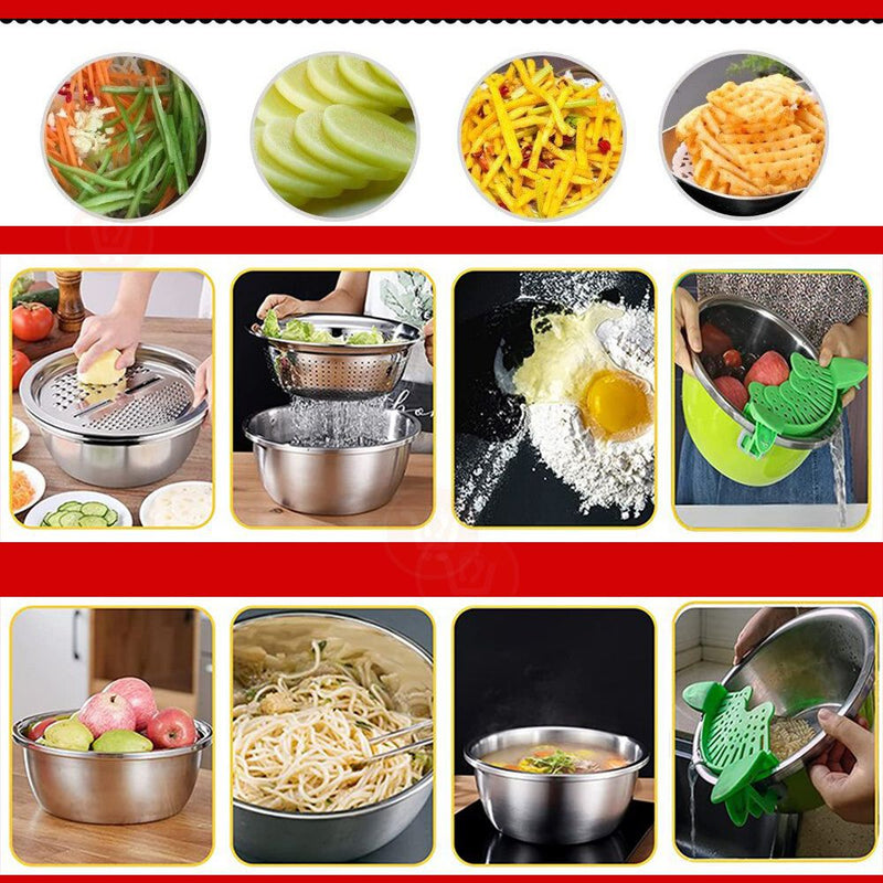 جاط ستانليس وقطاعة خضروات ومبشرة ومصفاة slicing/shaving/filtering/washing fruits &vegetables