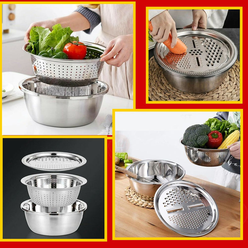 جاط ستانليس وقطاعة خضروات ومبشرة ومصفاة slicing/shaving/filtering/washing fruits &vegetables