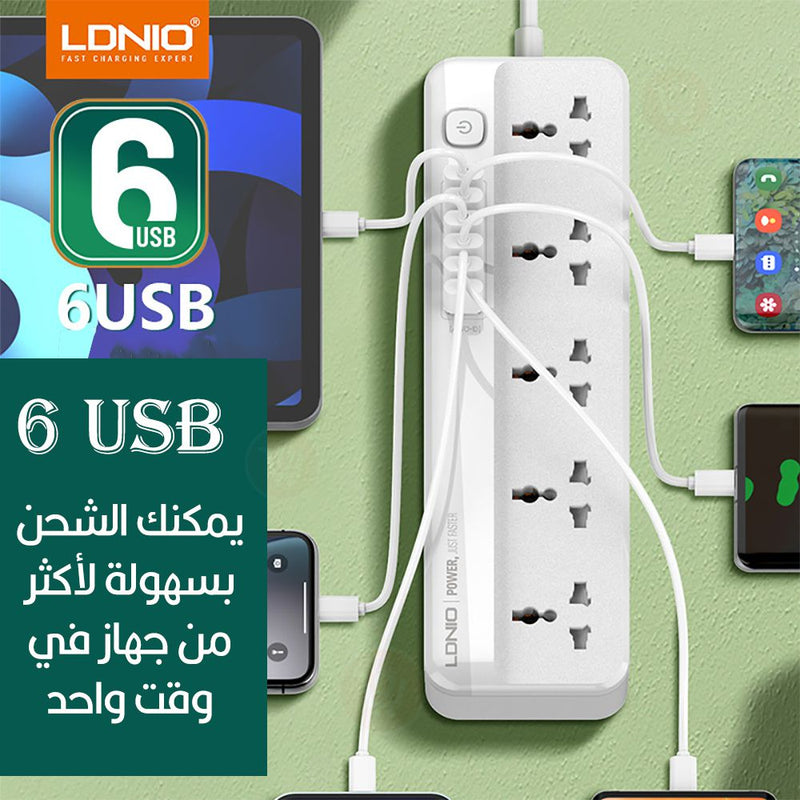 75689وصلة كهربائية بـ5 مقابس و6 مداخل Ldnio SC5614Extension Power Socket 3.4A 6USB