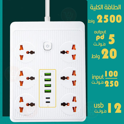 وصلة كهربائية بـ6 مقابس و4 مداخل ومخرجين power socket anti- static  no:t2o5pd  type c-a