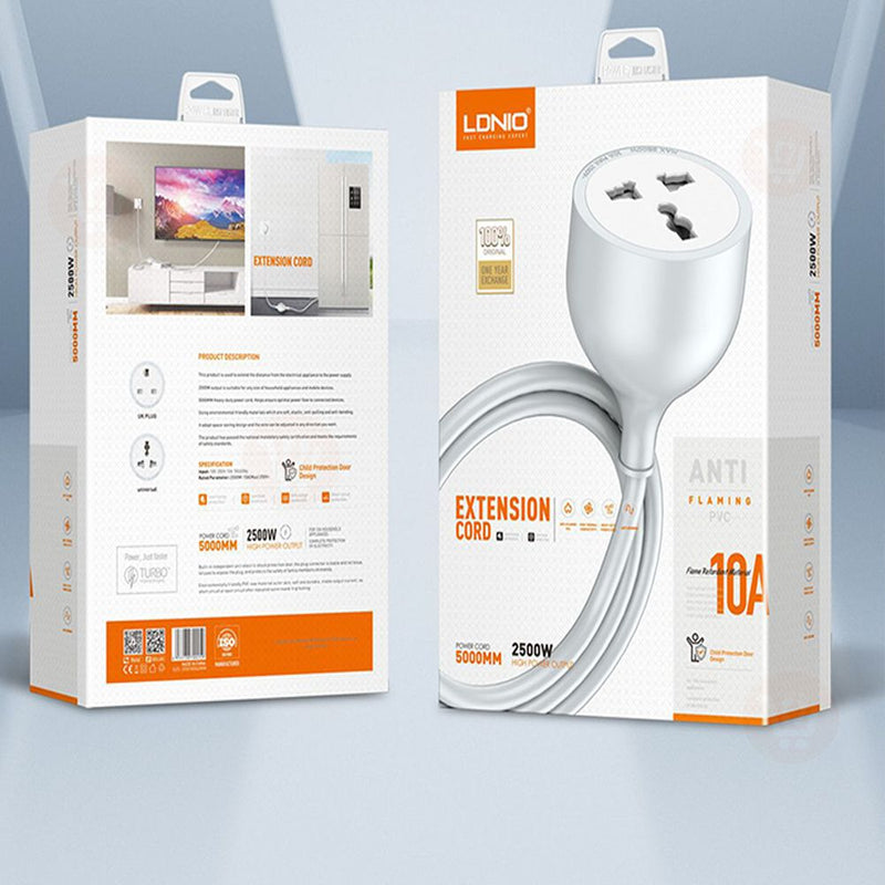 فيش ثلاثي بسلك 5 متر 10امبير Ldnio  UNIVERSAL POWER STRIP WITH 5M EXTENSION POWER CORD