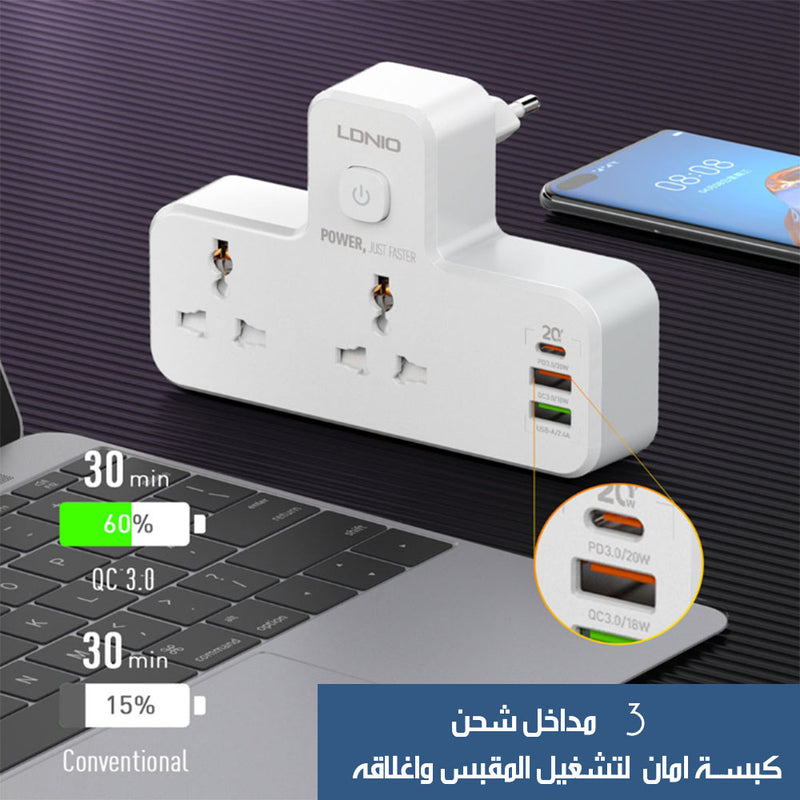 مقبس حائط كهربائي بمخرجين و 3 مداخل    lDNIO   SC2311  Wall socket with 2 outlets and 3 usb ports