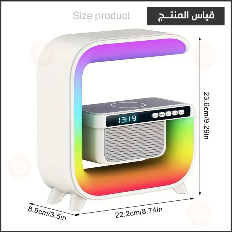 سماعة سبيكر مع شاحن موبايل وايرليس وساعة منبه مع إضاءة ملونة LED WIRELESS CHAGING SPEAKER