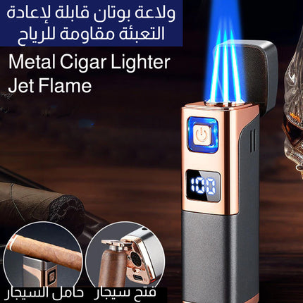 ولاعة بوتان قابلة لإعادة التعبئة مقاومة للرياح Metal Cigar Lighter Jet Flame