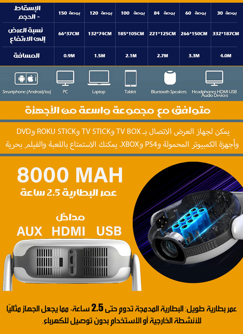جهاز عرض سينمائي شحن لاسلكي 4K PORTABLE CINEMA PROJECTOR