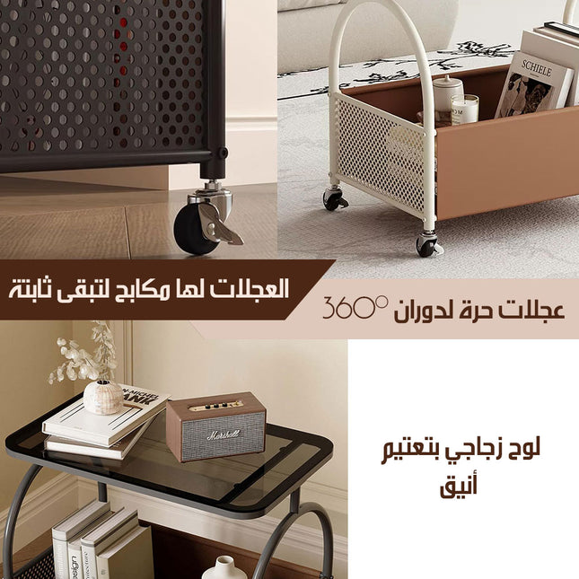 طاولة جانبية معدنية بعجلات وسطح زجاجي و رف Side table on wheels