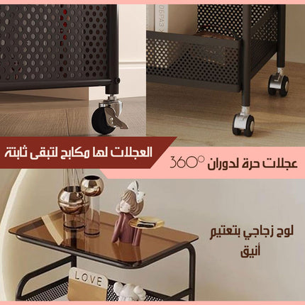 طاولة جانبية معدنية بعجلات وسطح زجاجي و رفين 3-Shelf Side Table with Wheels