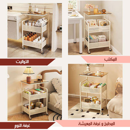 طاولة جانبية معدنية بعجلات وسطح زجاجي و رفين 3-Shelf Side Table With Wheels