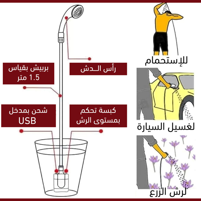 رأس دش تخييم قابل لإعادة الشحن Camping Shower Kit, Rechargeable Camping Shower