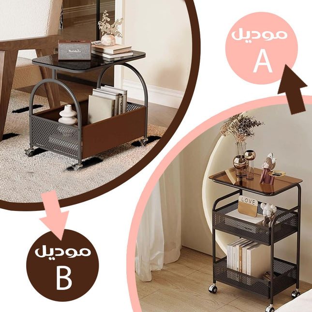 طاولة جانبية معدنية بعجلات وسطح زجاجي و رفين 3-Shelf Side Table with Wheels