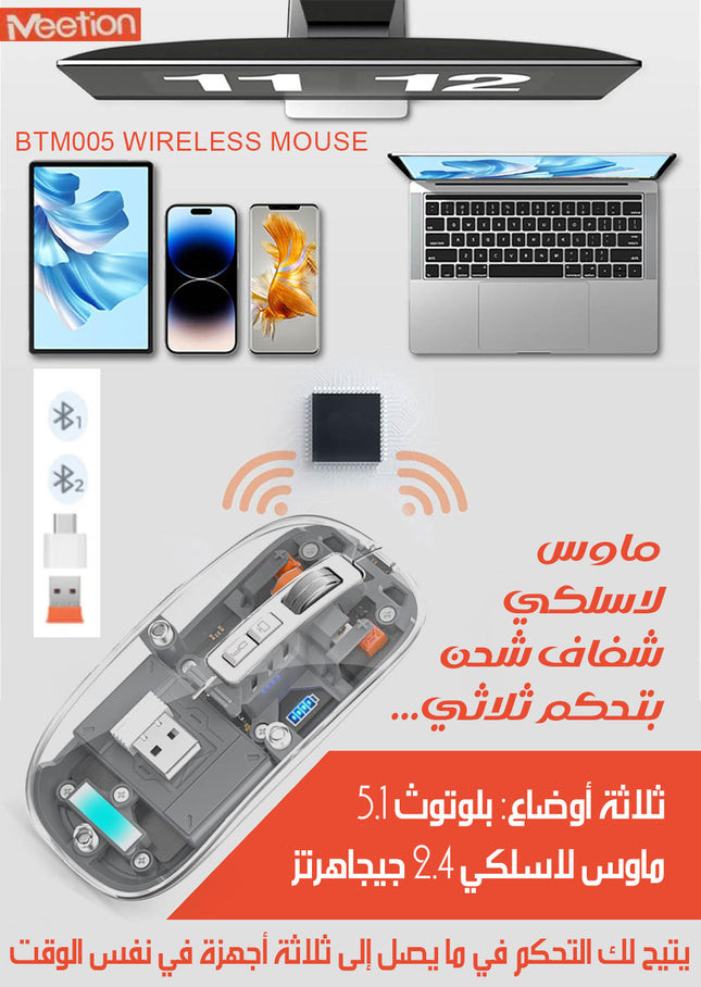 ماوس لاسلكي دبل + USB شفاف شحن بتحكم ثلاثي Meetion BTM005 WIRELESS MOUSE