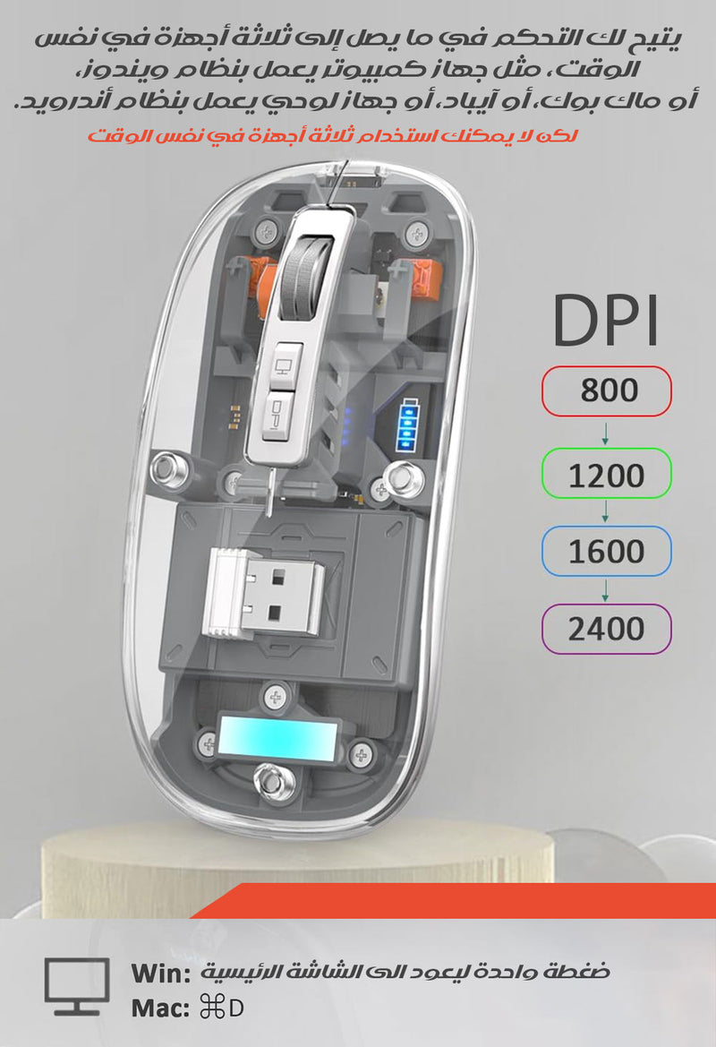 ماوس لاسلكي دبل + USB شفاف شحن بتحكم ثلاثي Meetion BTM005 WIRELESS MOUSE