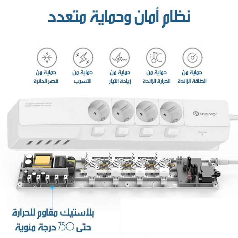 وصله كهربائيه 4 منافذ + 5 USB شحن سريع وحماية متعددة DP45 Power Strip With 4 Outlets + 5 USB, Fast Charging & Multiple Protection