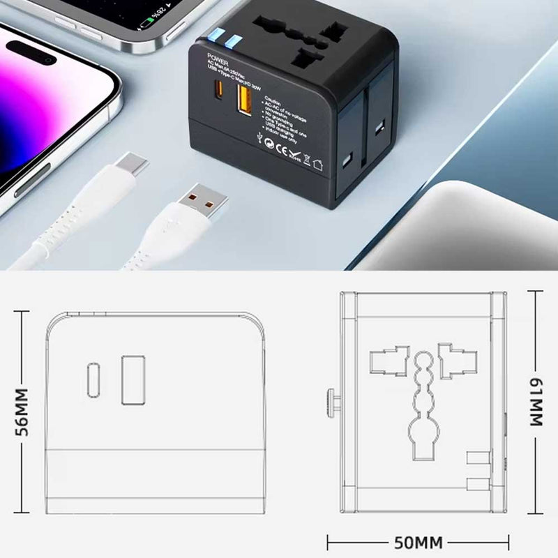 محول كهربائي للسفر متعدد الوظائف مع منفذ USB و Type-C WZ-02 Universal Travel Adapter Multi-Function Power Converter With 1 USB & Type-C Port