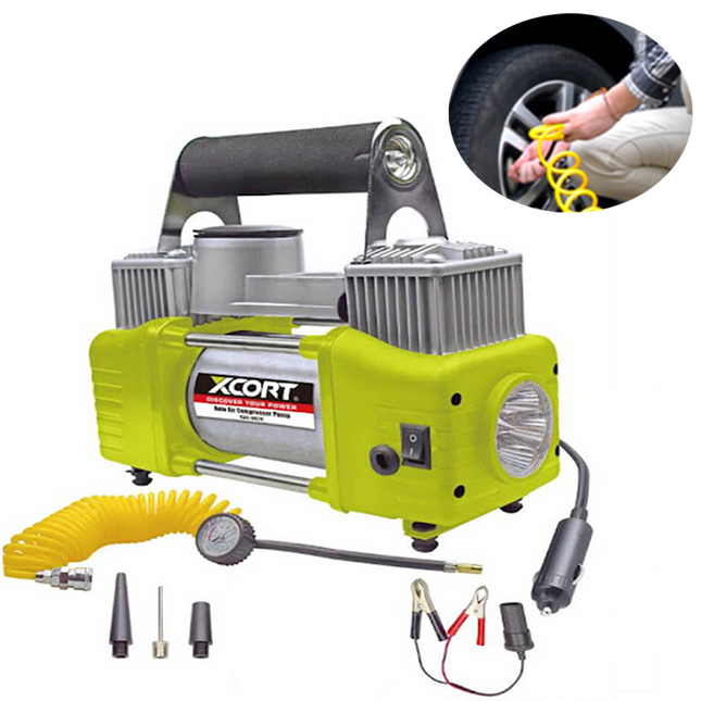 منفاخ عجل سيارة مع ضوء ليد يعمل على شاحن السيارة XCORT Auto Air Compressor