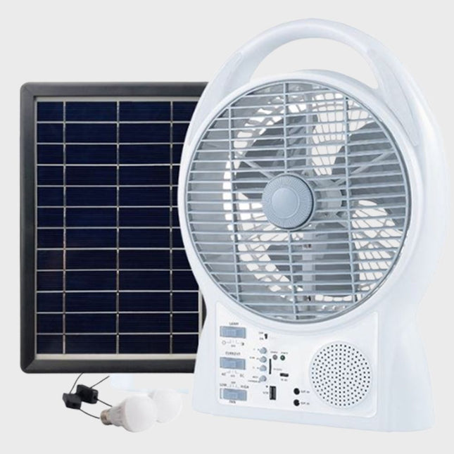 مروحة بسماعة سبيكر ولمبتين إضاءة وشحن موبايل بالطاقة الشمسية أو شحن