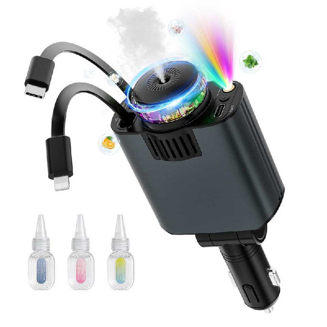 شحن سريع USB-C قابل للسحب مع معطر هواء وإضاءة نجوم Fast USB-C Retractable Car Charger With Air Freshener And Starlight Lighting
