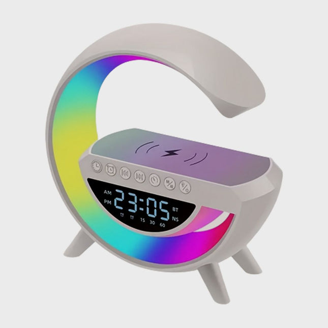سماعة سبيكر بلوتوث يقاعدة شحن لهواتف الوايرليس وإضاءة ملونة مع ساعة ومنبه