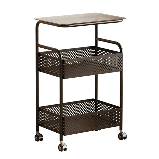 طاولة جانبية معدنية بعجلات وسطح زجاجي و رفين 3-Shelf Side Table With Wheels