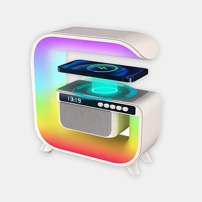 سماعة سبيكر مع شاحن موبايل وايرليس وساعة منبه مع إضاءة ملونة LED WIRELESS CHAGING SPEAKER